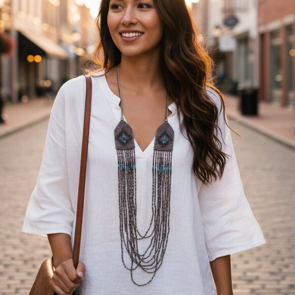 Handmade Jewelry - ✨ Artisan Style Hand-Beaded Multi-Strand Fringe Necklace ✨